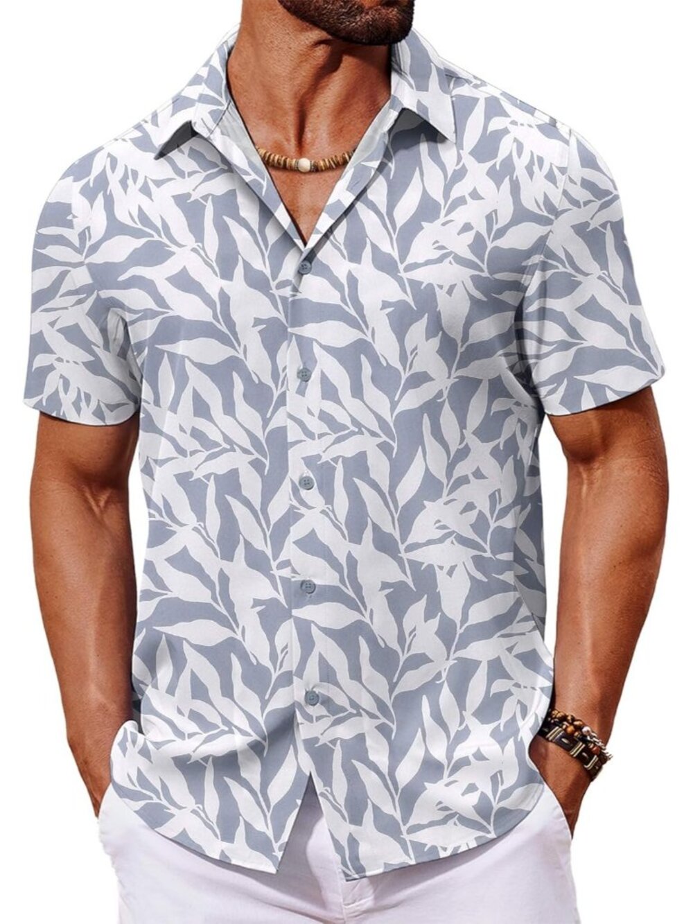 Men's Light Gray Hawaiian Short Sleeve Tropical Floral Summer Button Down Shirts